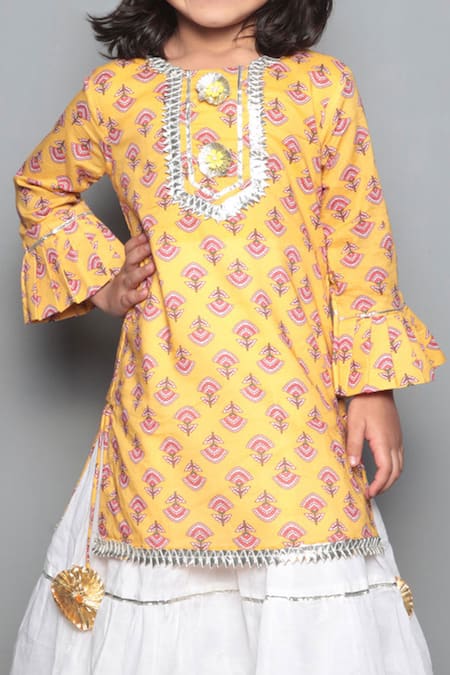 Shop_Maaikid_Yellow Cotton, Muslin Printed Maxi Dress _Online_at_Aza_Fashions