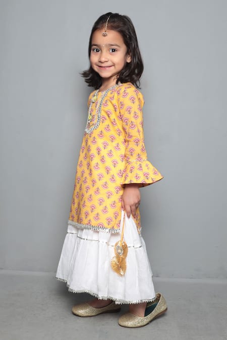 Maaikid_Yellow Cotton, Muslin Printed Maxi Dress _Online_at_Aza_Fashions