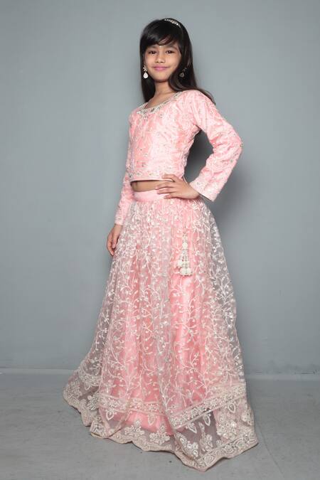 Maaikid_Pink Net, Silk Tassels, Beads Embroidered Lehenga Set _Online_at_Aza_Fashions
