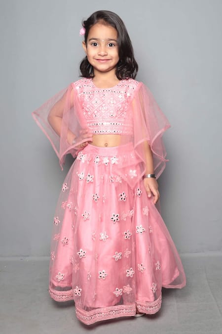 Maaikid Pink Net, Silk Mirrors, Embroidery Lehenga Set