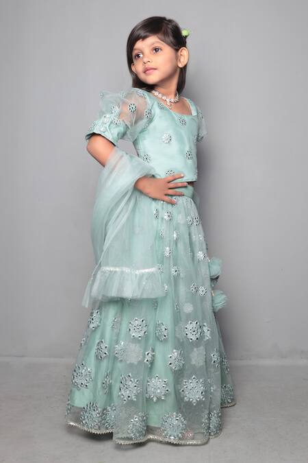 Maaikid Green Net, Silk Embroidery, Sequins Lehenga Set Online at Aza Fashions Maaikid_Green Net, Silk Embroidery, Sequins Lehenga Set _Online_at_Aza_Fashions