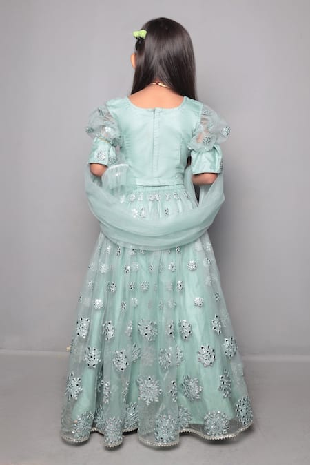Shop Maaikid Green Net, Silk Embroidery, Sequins Lehenga Set at Aza Fashions Shop_Maaikid_Green Net, Silk Embroidery, Sequins Lehenga Set _at_Aza_Fashions