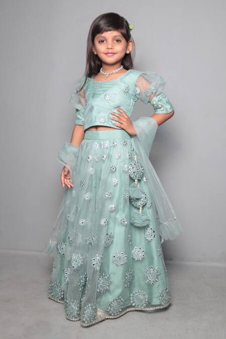 Buy Maaikid Green Net, Silk Embroidery, Sequins Lehenga Set Online at Aza Fashions Buy_Maaikid_Green Net, Silk Embroidery, Sequins Lehenga Set _Online_at_Aza_Fashions