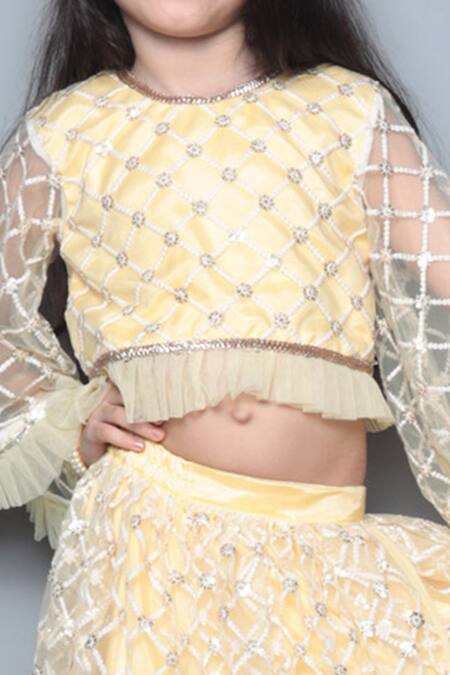Buy_Maaikid_Yellow Net, Silk Embroidery, Sequins Lehenga Set _Online_at_Aza_Fashions