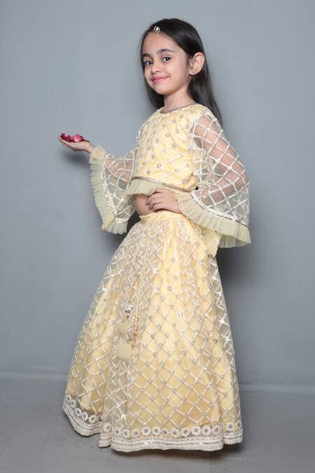 Maaikid_Yellow Net, Silk Embroidery, Sequins Lehenga Set _Online_at_Aza_Fashions