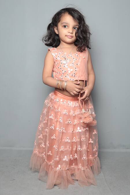 Buy_Maaikid_Brown Net, Silk Embroidery, Pearls, Mirrors Lehenga Set _Online_at_Aza_Fashions