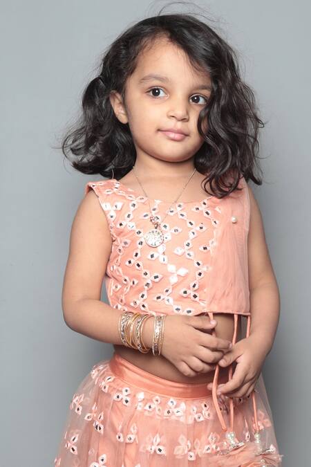 Shop_Maaikid_Brown Net, Silk Embroidery, Pearls, Mirrors Lehenga Set _Online_at_Aza_Fashions