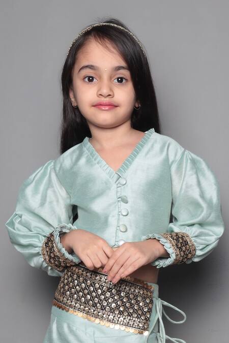 Maaikid_Green Chanderi, Cotton Sequins, Embroidery, Tassels Palazzo Set _at_Aza_Fashions