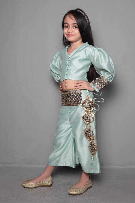 Buy_Maaikid_Green Chanderi, Cotton Sequins, Embroidery, Tassels Palazzo Set _Online_at_Aza_Fashions