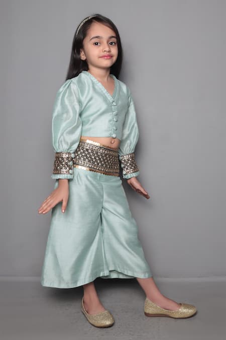 Maaikid_Green Chanderi, Cotton Sequins, Embroidery, Tassels Palazzo Set _Online_at_Aza_Fashions