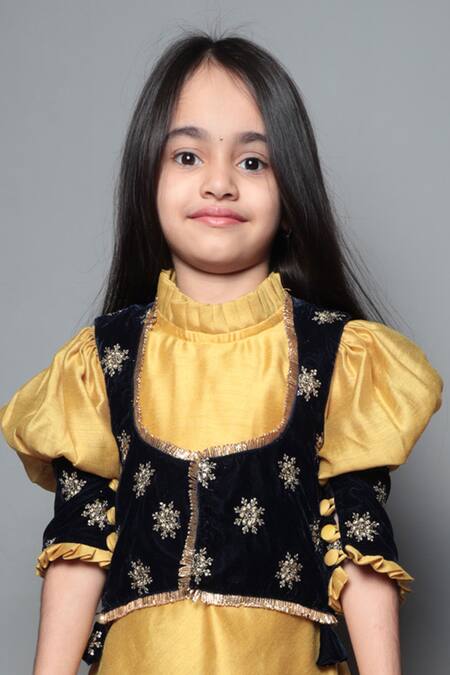 Shop Maaikid Yellow Chanderi, Velvet Embroidery Dress With Jacket Online at Aza Fashions Shop_Maaikid_Yellow Chanderi, Velvet Embroidery Dress With Jacket _Online_at_Aza_Fashions