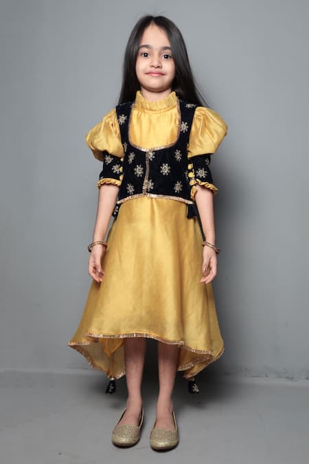 Buy Maaikid Yellow Chanderi, Velvet Embroidery Dress With Jacket Online at Aza Fashions Buy_Maaikid_Yellow Chanderi, Velvet Embroidery Dress With Jacket _Online_at_Aza_Fashions