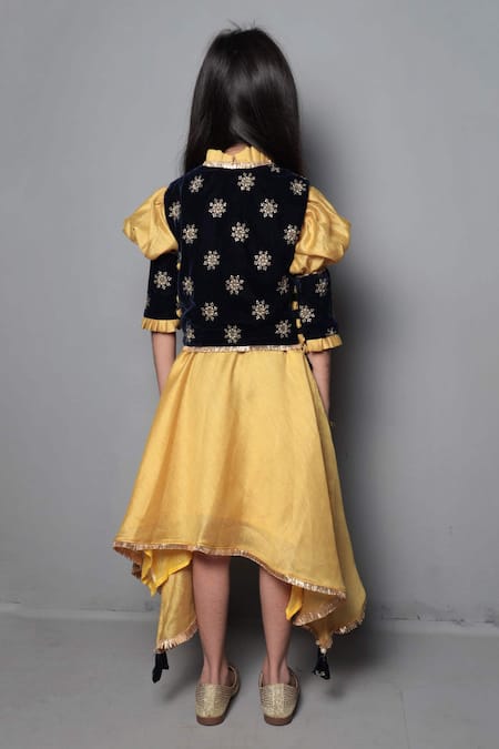 Shop Maaikid Yellow Chanderi, Velvet Embroidery Dress With Jacket at Aza Fashions Shop_Maaikid_Yellow Chanderi, Velvet Embroidery Dress With Jacket _at_Aza_Fashions