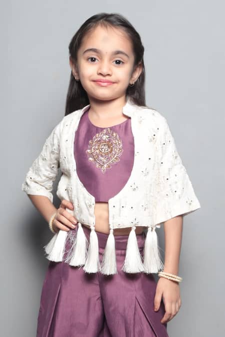 Shop Maaikid White Georgette, Silk Embroidery, Tassels Jacket And Palazzo Set Online at Aza Fashions Shop_Maaikid_White Georgette, Silk Embroidery, Tassels Jacket And Palazzo Set _Online_at_Aza_Fashions