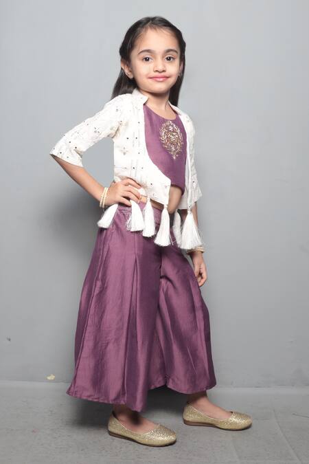 Maaikid White Georgette, Silk Embroidery, Tassels Jacket And Palazzo Set Online at Aza Fashions Maaikid_White Georgette, Silk Embroidery, Tassels Jacket And Palazzo Set _Online_at_Aza_Fashions