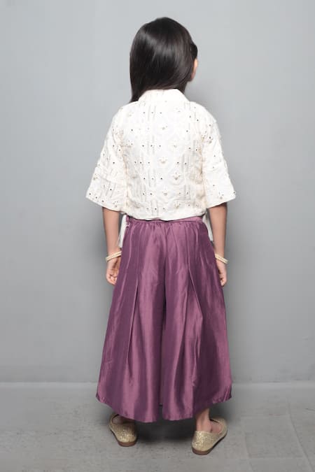 Shop Maaikid White Georgette, Silk Embroidery, Tassels Jacket And Palazzo Set at Aza Fashions Shop_Maaikid_White Georgette, Silk Embroidery, Tassels Jacket And Palazzo Set _at_Aza_Fashions