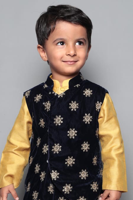 Shop Maaikid Blue Velvet, Chanderi, Satin, Floral Navy Bundi Kurta Set Online at Aza Fashions Shop_Maaikid_Blue Velvet, Chanderi, Satin, Floral Navy Bundi Kurta Set _Online_at_Aza_Fashions