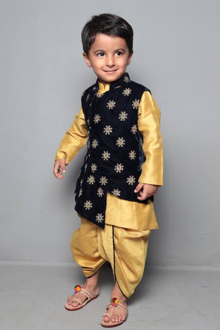 Buy Maaikid Blue Velvet, Chanderi, Satin, Floral Navy Bundi Kurta Set Online at Aza Fashions Buy_Maaikid_Blue Velvet, Chanderi, Satin, Floral Navy Bundi Kurta Set _Online_at_Aza_Fashions