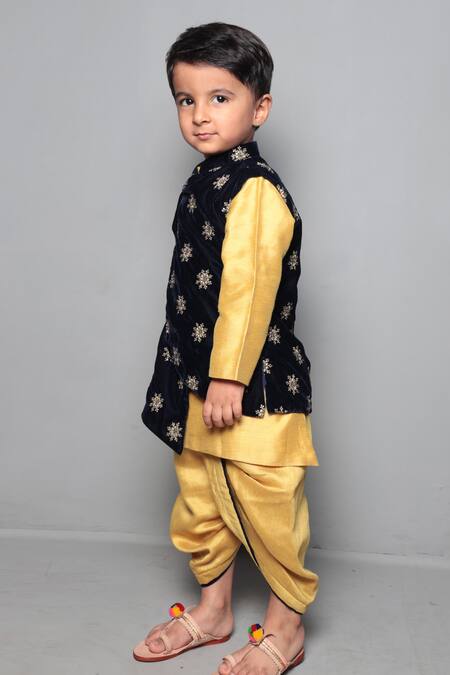 Maaikid Blue Velvet, Chanderi, Satin, Floral Navy Bundi Kurta Set Online at Aza Fashions Maaikid_Blue Velvet, Chanderi, Satin, Floral Navy Bundi Kurta Set _Online_at_Aza_Fashions