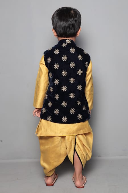 Shop Maaikid Blue Velvet, Chanderi, Satin, Floral Navy Bundi Kurta Set at Aza Fashions Shop_Maaikid_Blue Velvet, Chanderi, Satin, Floral Navy Bundi Kurta Set _at_Aza_Fashions