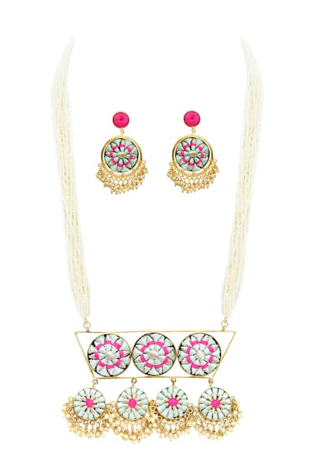 Bauble Bazaar Gold Plated Pearls, Embroidery Silk Hand Long Pendant Necklace Set 