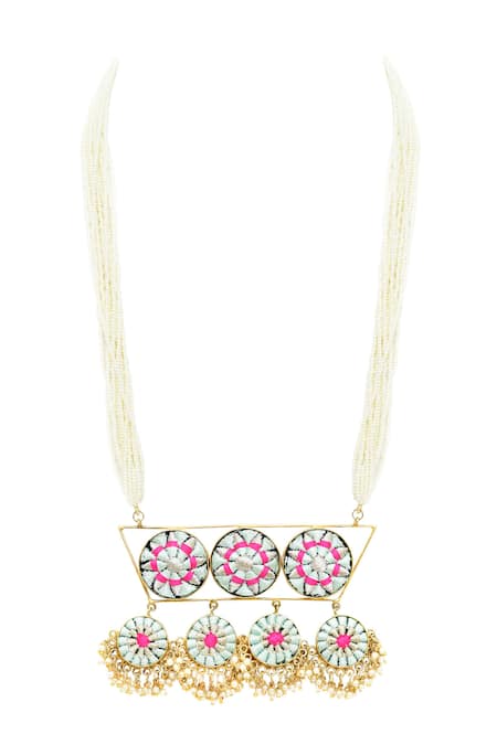 Shop Bauble Bazaar Gold Plated Pearls, Embroidery Silk Hand Long Pendant Necklace Set at Aza Fashions Shop_Bauble Bazaar_Gold Plated Pearls, Embroidery Silk Hand Long Pendant Necklace Set _at_Aza_Fashions