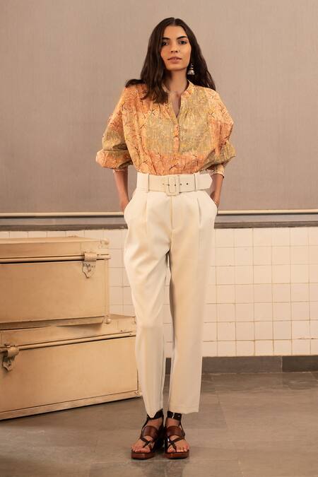 Payal Pratap_Beige Lurex Check Band Collar Printed Top _Online_at_Aza_Fashions