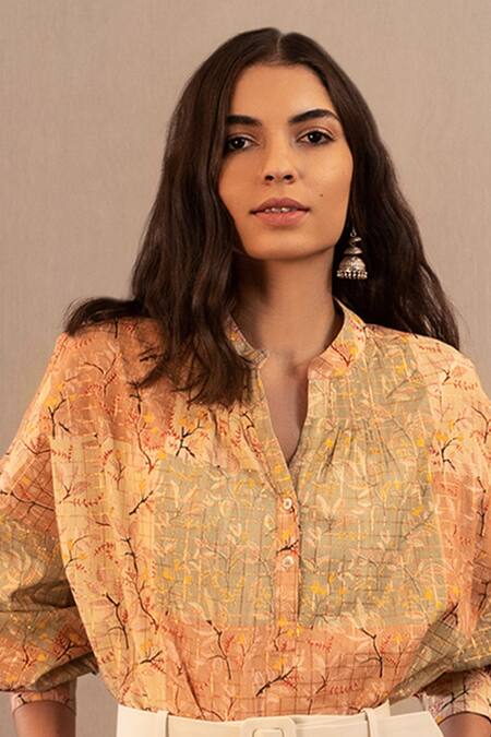 Buy_Payal Pratap_Beige Lurex Check Band Collar Printed Top _Online_at_Aza_Fashions