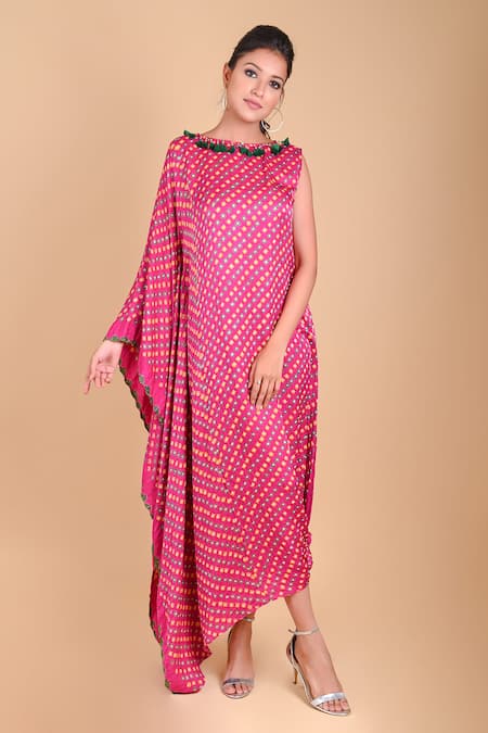 Dyelogue Pink Gajji Silk Draped Bandhani Dress 