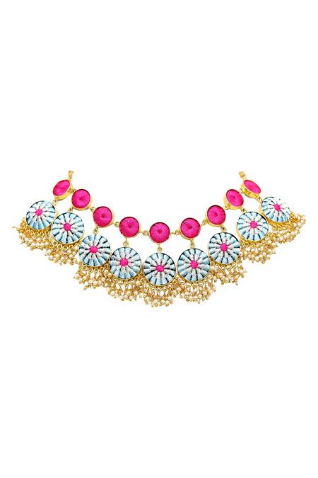 Bauble Bazaar Gold Plated Pearls, Zari Silk Hand Embroidered Layered Choker Set Online at Aza Fashions Bauble Bazaar_Gold Plated Pearls, Zari Silk Hand Embroidered Layered Choker Set _Online_at_Aza_Fashions