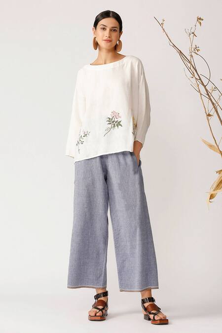 Payal Pratap_Beige Handloom Cotton Linen Boat Embroidered Top _Online_at_Aza_Fashions