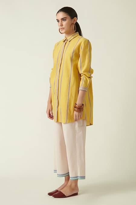 Payal Pratap_Yellow Cotton Handloom Collared Neck Meshima Button Down Tunic _Online_at_Aza_Fashions