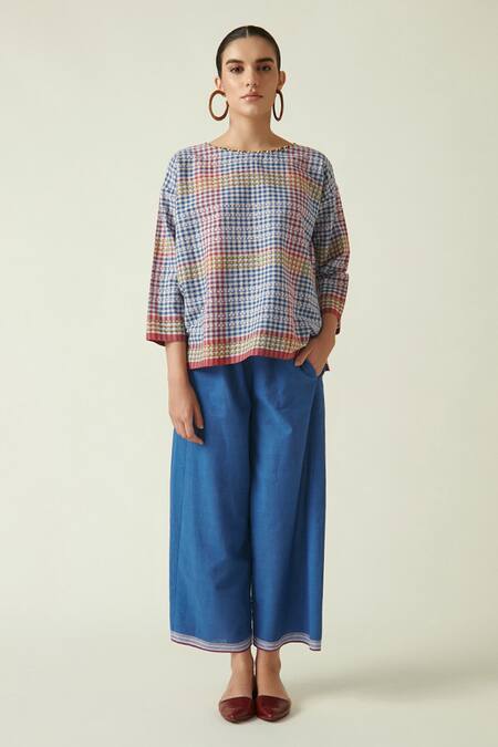 Buy_Payal Pratap_Blue Cotton Handloom Round Elephas Checkered Top _Online_at_Aza_Fashions