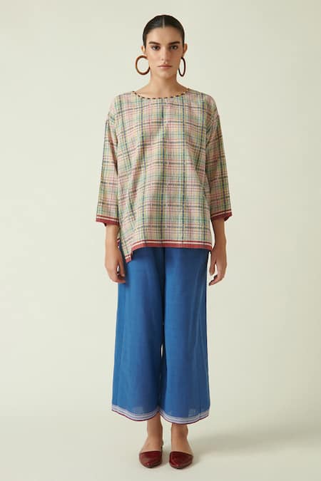 Buy_Payal Pratap_Beige Cotton Handloom Round Pyrus Checkered Top _Online_at_Aza_Fashions