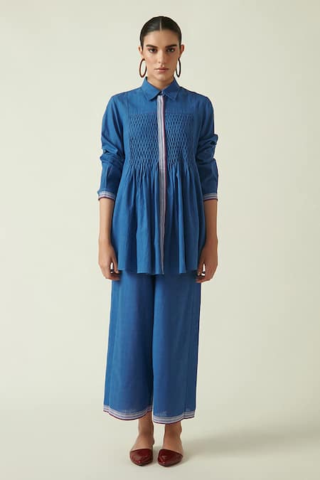 Buy_Payal Pratap_Blue Cotton Handloom Thread Collared Neck Camilus Smocked Tunic _Online_at_Aza_Fashions