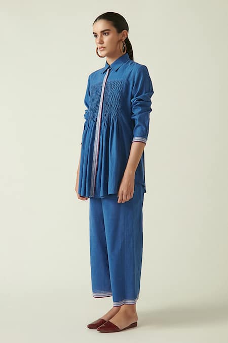 Payal Pratap_Blue Cotton Handloom Thread Collared Neck Camilus Smocked Tunic _Online_at_Aza_Fashions