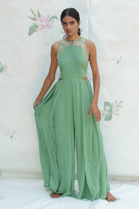 Taavare_Green Georgette Round Embroidered Jumpsuit_Online_at_Aza_Fashions