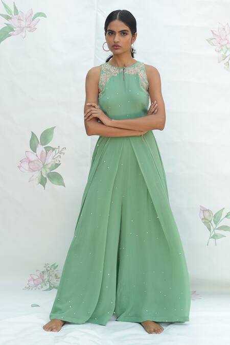 Buy_Taavare_Green Georgette Round Embroidered Jumpsuit_Online_at_Aza_Fashions
