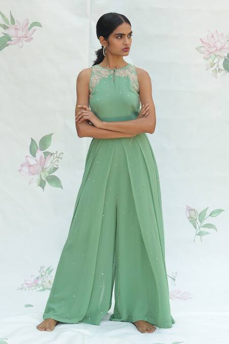 Shop_Taavare_Green Georgette Round Embroidered Jumpsuit_Online_at_Aza_Fashions