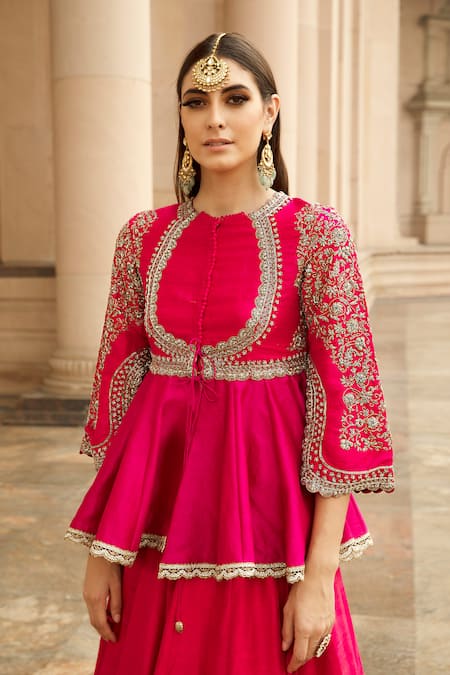 Jayanti Reddy_Pink Raw Silk Round Embroidered Kurta Bridal Lehenga Set _Online_at_Aza_Fashions
