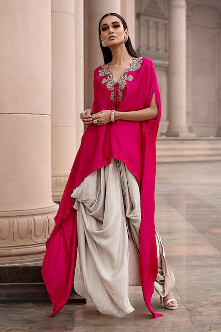 JAYANTI REDDY Silk Embellished Cape & Cowl Skirt Set 