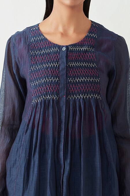 Payal Pratap_Blue Cotton Silk Round Twala Smocking Top _at_Aza_Fashions