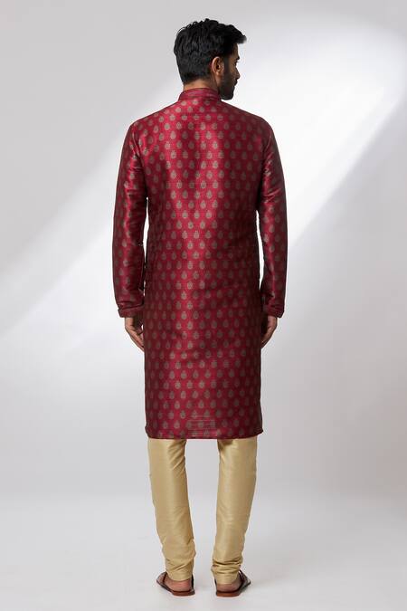 Shop_Arihant Rai Sinha_Maroon Silk Embroidery Floret Print Kurta_at_Aza_Fashions