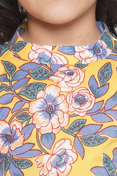 Little Bansi_Yellow Georgette, Cotton Embroidery Floral Print Pre-draped Saree With Blouse _at_Aza_Fashions