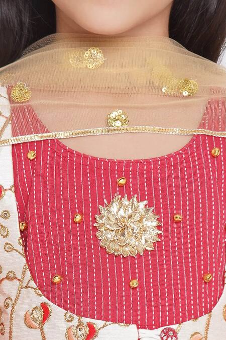 Little Bansi_Red Cotton, Silk, Net Embroidery Frock Kurta Sharara Set _at_Aza_Fashions
