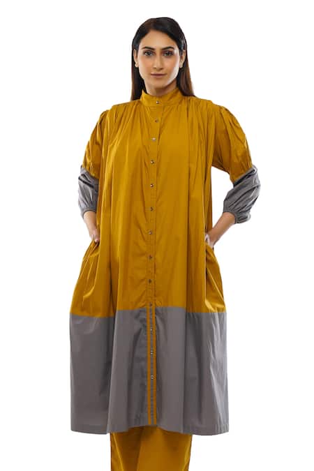 Shop Khat Yellow Poplin, Cotton Mandarin Collar Color Block Dress Pant Set at Aza Fashions Shop_Khat_Yellow Poplin, Cotton Mandarin Collar Color Block Dress Pant Set _at_Aza_Fashions