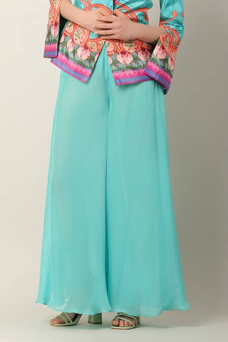 Limerick By Abirr N' Nanki_Blue Georgette Plain Ela Flared Pant  _Online_at_Aza_Fashions