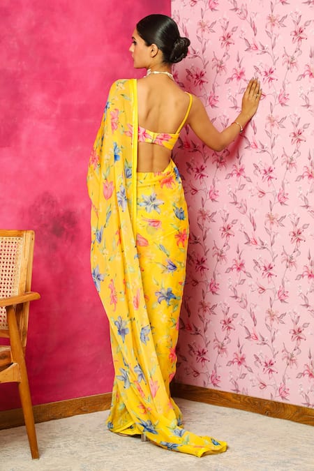 Shop Dohr India Yellow Organza, Silk Cut Work Garden Print Saree With Unstitched Blouse Piece at Aza Fashions Shop_Dohr India_Yellow Organza, Silk Cut Work Garden Print Saree With Unstitched Blouse Piece _at_Aza_Fashions