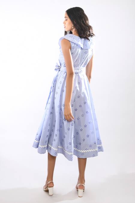 Shop Itara Purple Cotton Ruffled V Floral Dress at Aza Fashions Shop_Itara_Purple Cotton Ruffled V Floral Dress_at_Aza_Fashions