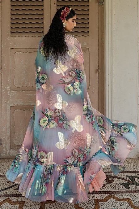 Amrin Khan Floral Print Kaftan Jacket And Gharara Set 